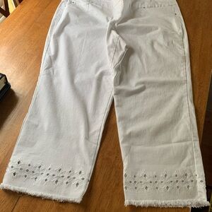 Ruby Red Women’s white denim Cropped Pants with Embroidered Hem 22w